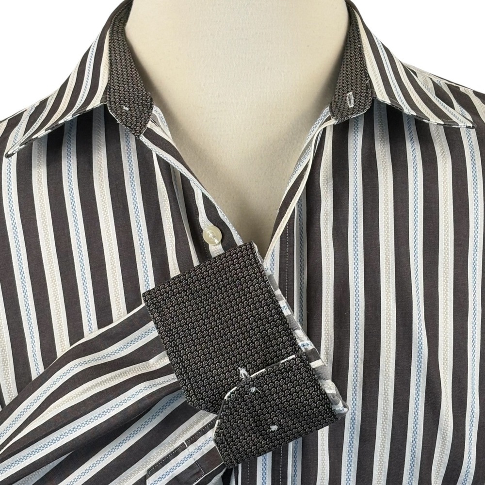 Johnston & Murphy Mens XL Tailored Fit Brown White Blue Striped Button Down